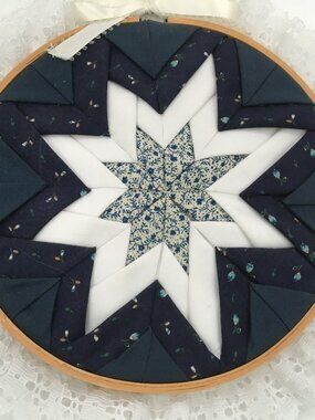 Vintage decorative embroidery hoop wall hanging quilted blue star country decor